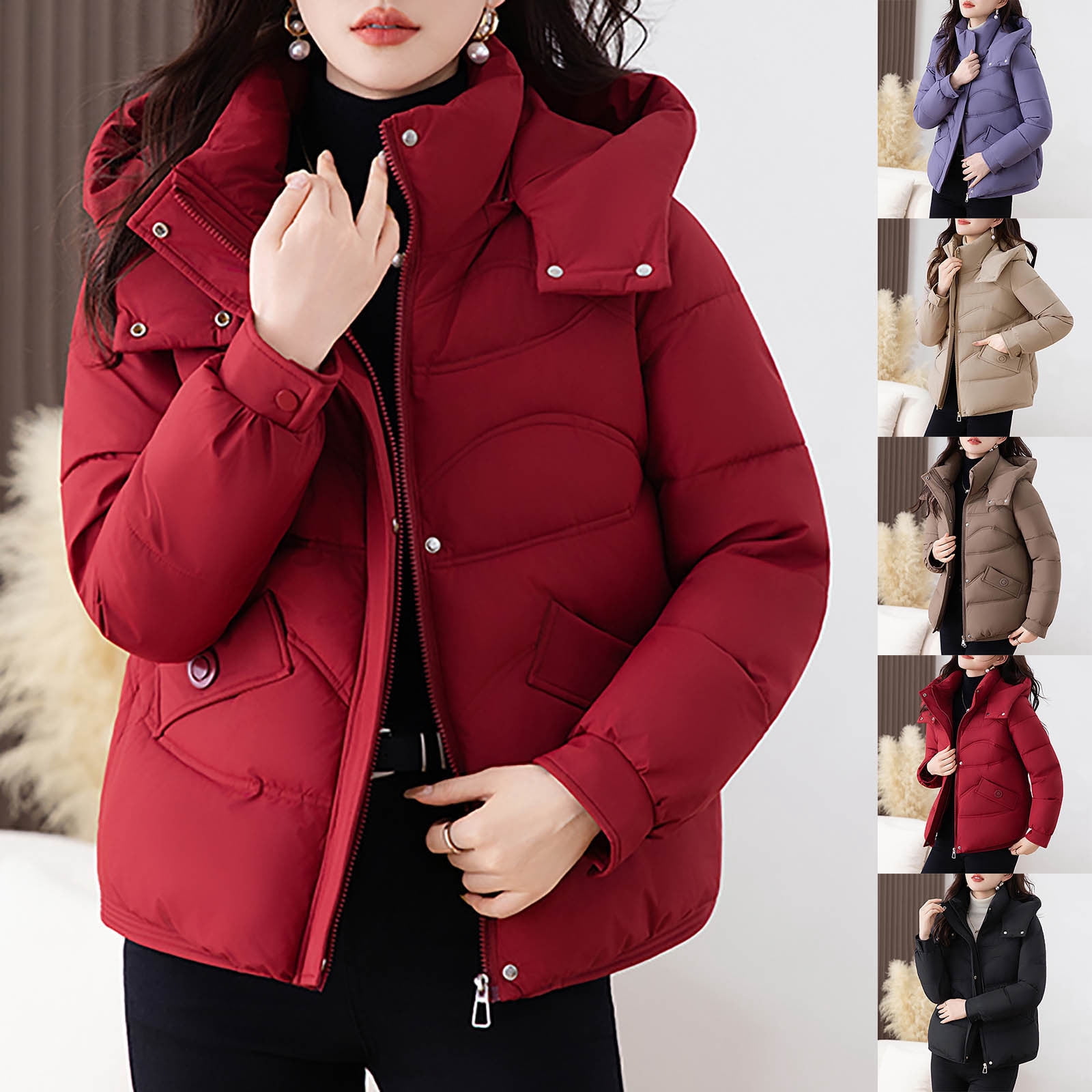 UPPADA Womens Winter Cropped Puffer Jackets Lightweight Quilted Down Jackets Hooded Zip up Short Warm Quilted Puffer Coats Casual Outerwear with Pockets,Puffer Jacket Womens Coffee,XXXL