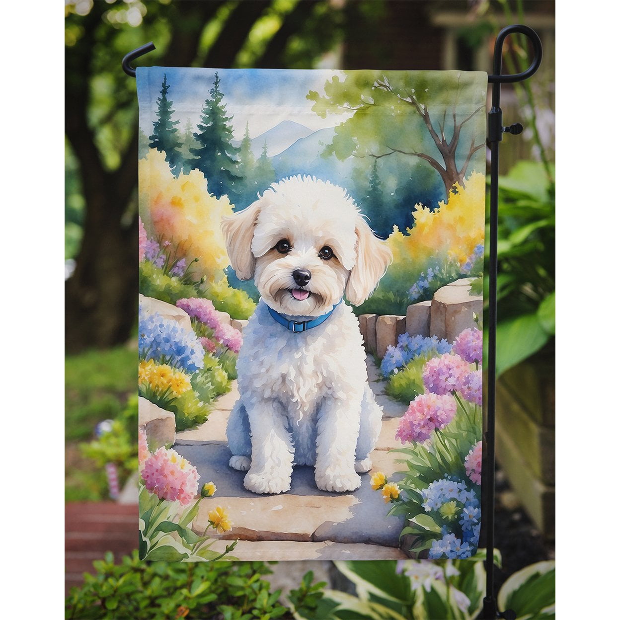 Maltipoo Spring Path Garden Flag 11.25 in x 15.5 in
