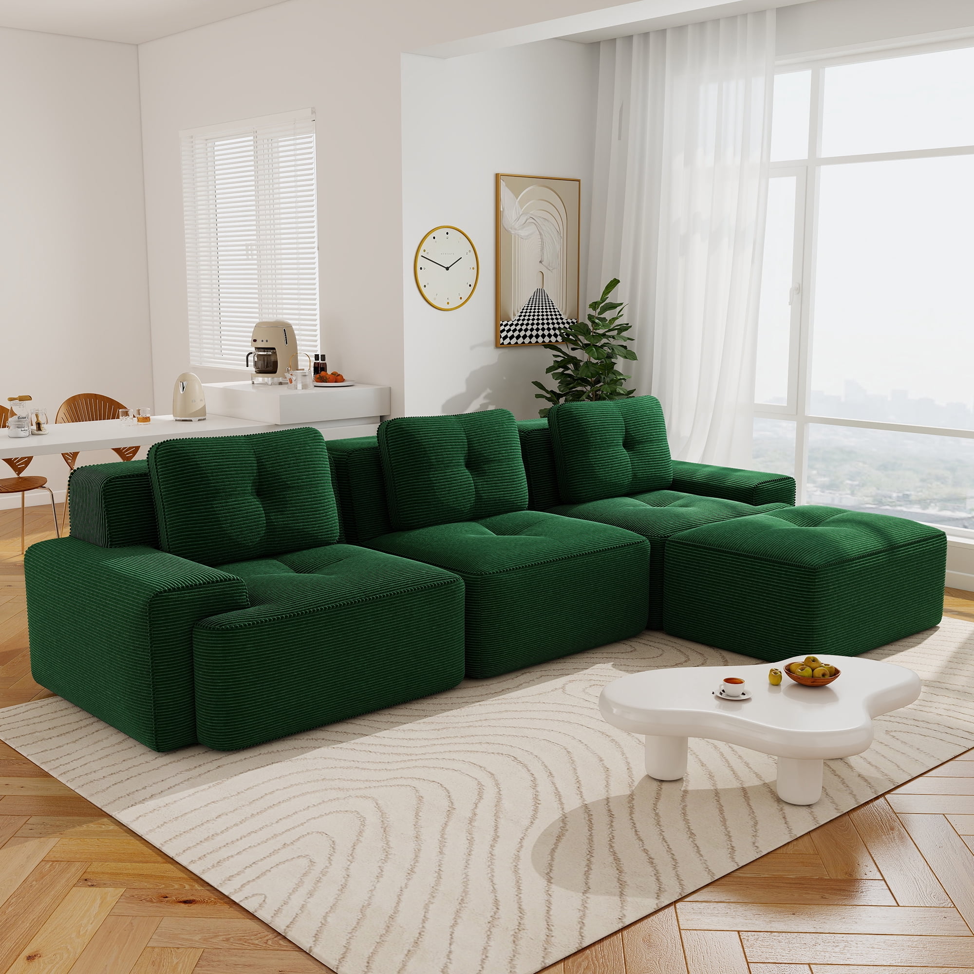 Aukfa Corduroy 4-Piece Modular Sectional Sofa, 93-in Wide 3-Seat Sofa with Ottoman, Tufted Design, Green
