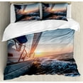 thumbnail image 1 of Nautical Duvet Cover Set King Size, Sail Boat in the Sea Waves toward Sunset Marine Adventure Hobby Scenery, Decorative 3 Piece Bedding Set with 2 Pillow Shams, Pale Blue Yellow, by Ambesonne, 1 of 3
