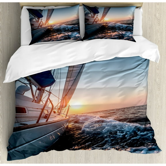 Nautical Duvet Cover Set Twin Size, Sail Boat in the Sea Waves toward Sunset Marine Adventure Hobby Scenery, Decorative 2 Piece Bedding Set with 1 Pillow Sham, Pale Blue Yellow, by Ambesonne