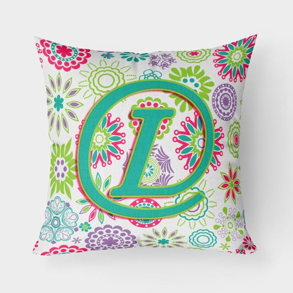 Carolines Treasures CJ2011-LPW1818 Letter L Flowers Pink Teal Green Initial Canvas Fabric Decorative Pillow 18H x18W