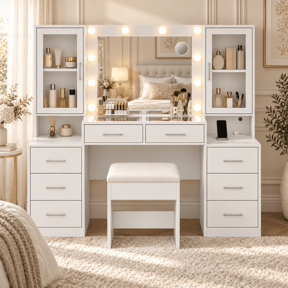 59'' W Large Makeup Vanity Desk with Mirror and Lights, White Vanity with Power Outlet, 8 Drawers & 2 Cabinets, 3 Lighting Modes Brightness Adjustable, Glass Top Vanity with Chair for Bedroom