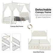 Homfa Queen Size Canopy Bed Frame, 2 Storage Drawers Metal Platform Bed with Button Tufted Upholstered Headboard, Canopy Bed Curtain Not Included, Beige