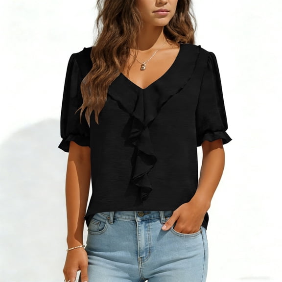 Linen Blouse for Women V Neck Short Ruffle Sleeve Casual Loose Fit Solid Color Eyelet Textured Fabric Breathable Summer Fashion Tunic Top