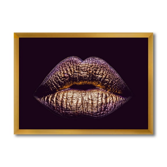 Designart 'Sexy Golden Metallized Woman Lips III' Modern Framed Art Print