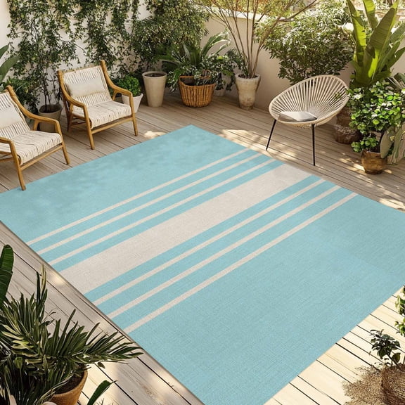 Sky Blue Vertical Stripes Outdoor Area Rug 3x5ft Decorative Indoor Outdoor Rug Classic Striped Linen Patio Area Rug for Porch, Deck, Balcony, Entryway, Camping & RV