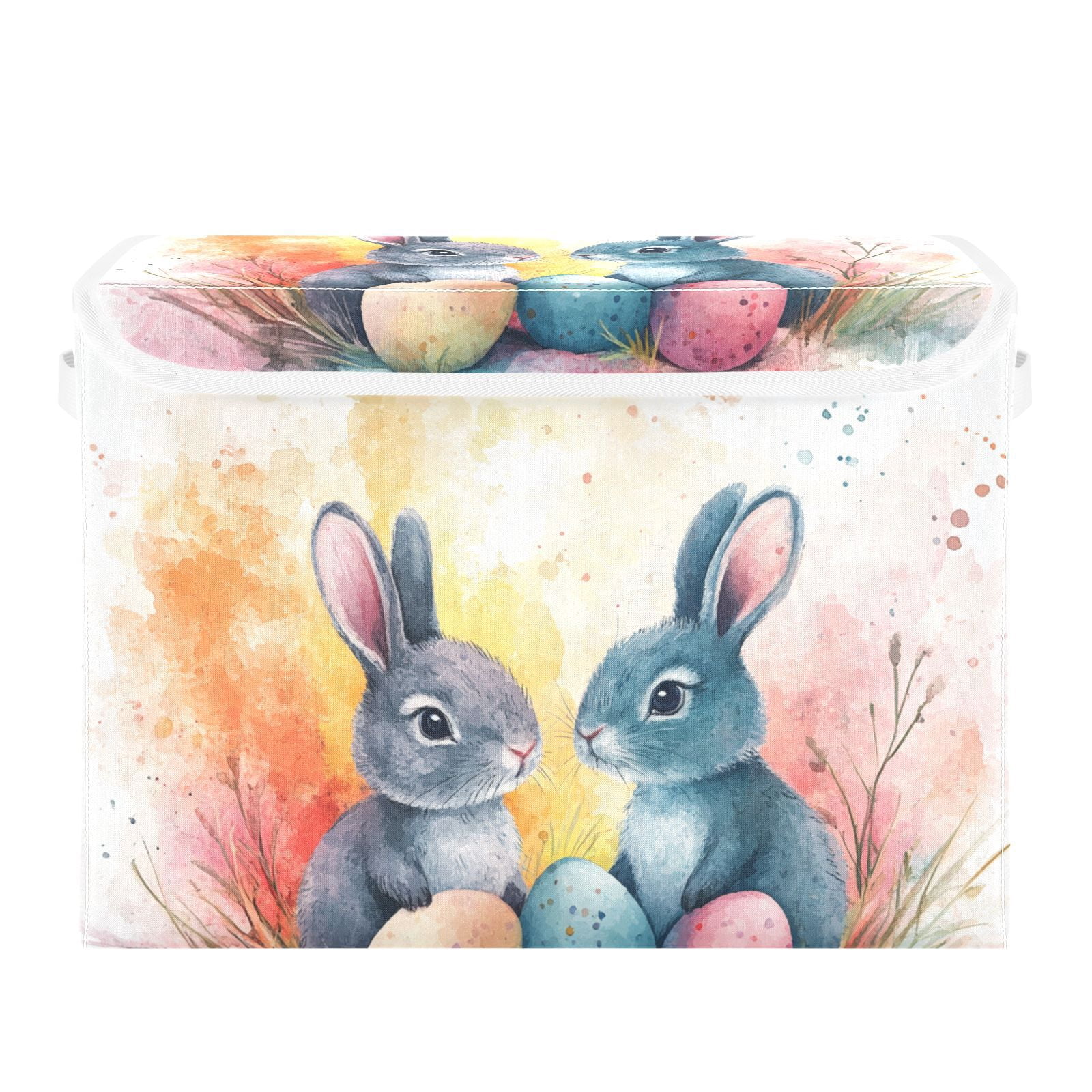Easter Eggs Bunnies Leaves Storage Basket for Shelves Foldable Container Organizer for Organizing Toys Clothes Books with Handles