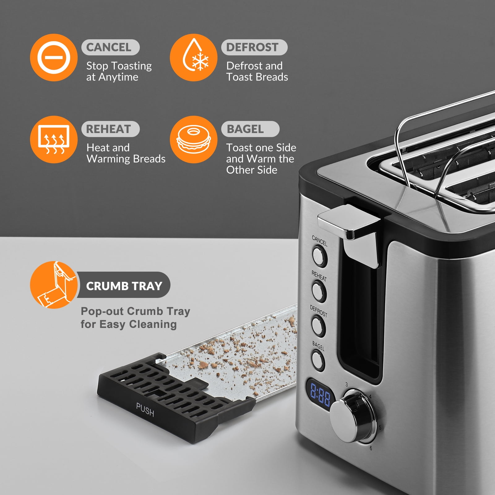 Mecity 2-Slice Stainless Steel Toaster with 6 Browning Settings, Extra Wide Slots, Bagel, Defrost, Reheat, Cancel, Countdown Timer, Warming Rack, Silver