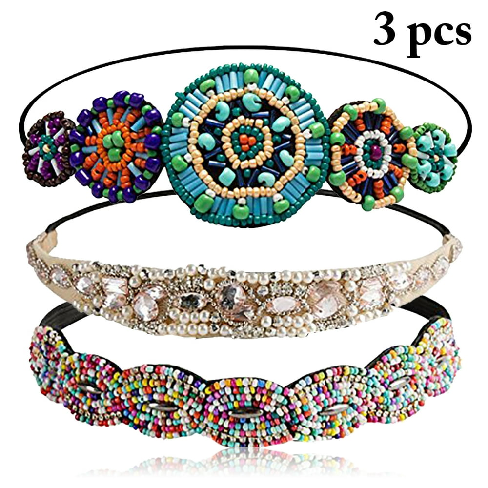 3PCS Hair Bands, Justdolife Fashion Rhinestones Beaded Elastic