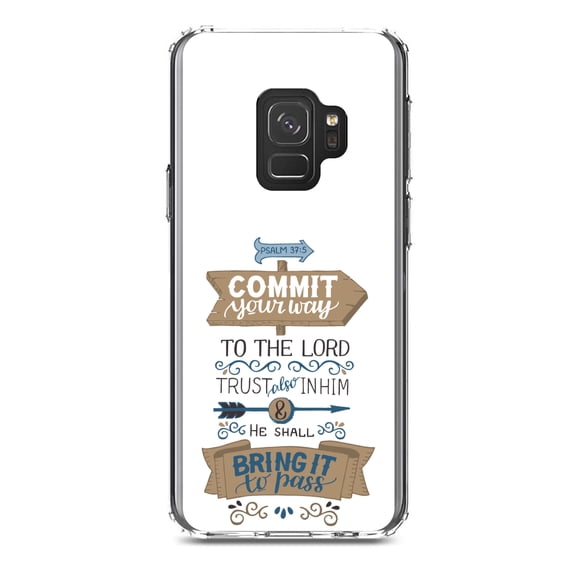 DistinctInk Clear Shockproof Hybrid Case for Samsung Galaxy S9 (5.8" Screen) - TPU Bumper, Acrylic Back, Tempered Glass Screen Protector - Psalm 37:5 - Commt Your Way to the Lord