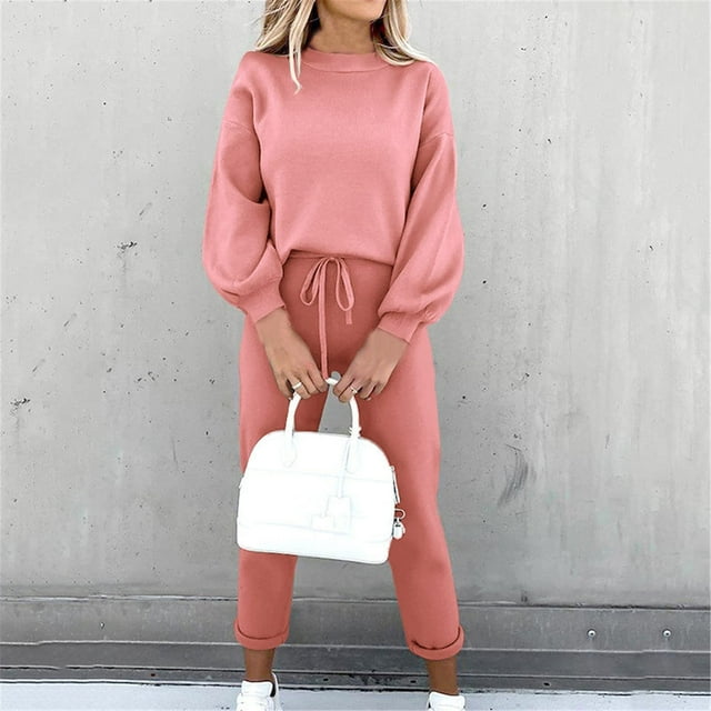 Puntoco 2 piezas moda mujer cuello redondo sólido manga larga blusa + pantalones sueltos conjuntos liquidación Puntoco Puntoco-2028