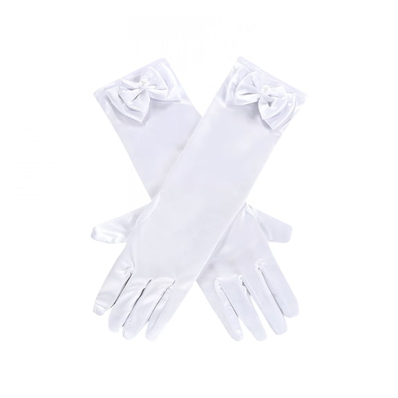 TELOLY Little Girls Gloves, Princess Long Gloves Shiny Silky Satin Gloves for Kids Party, Wedding, Formal Pageant Ages 2 to 8 Years Old White