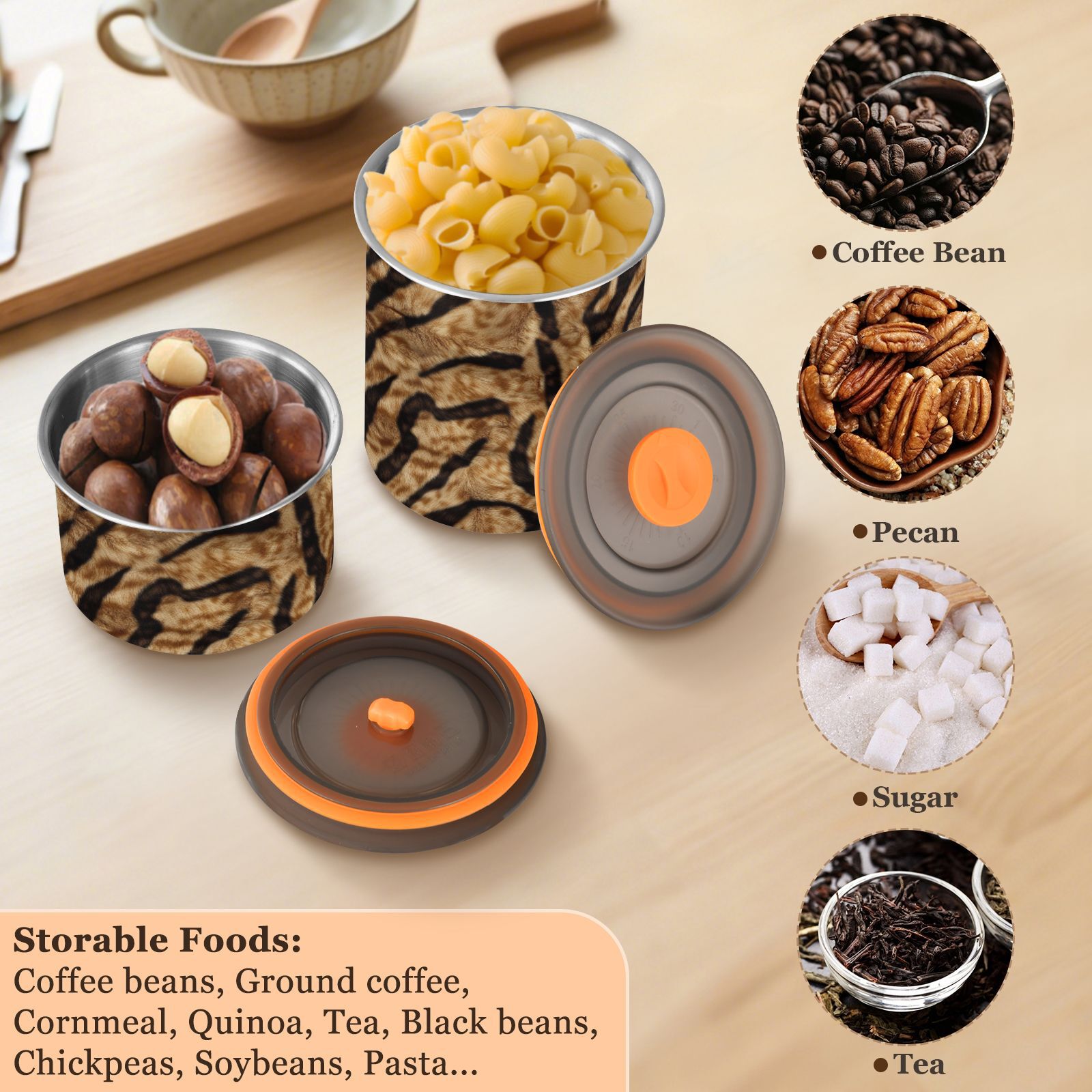 Brown Tiger Print Airtight Coffee Bean Canister 30oz Food Storage Containers with Lids For Gournd, Tea, Sugar, Flour, Rice, Cereal, Candy Cookie Jar