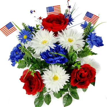 Admired By Nature 18 Stems Faux Peony Daisy fillers Mixed Flower Bush with American Flags