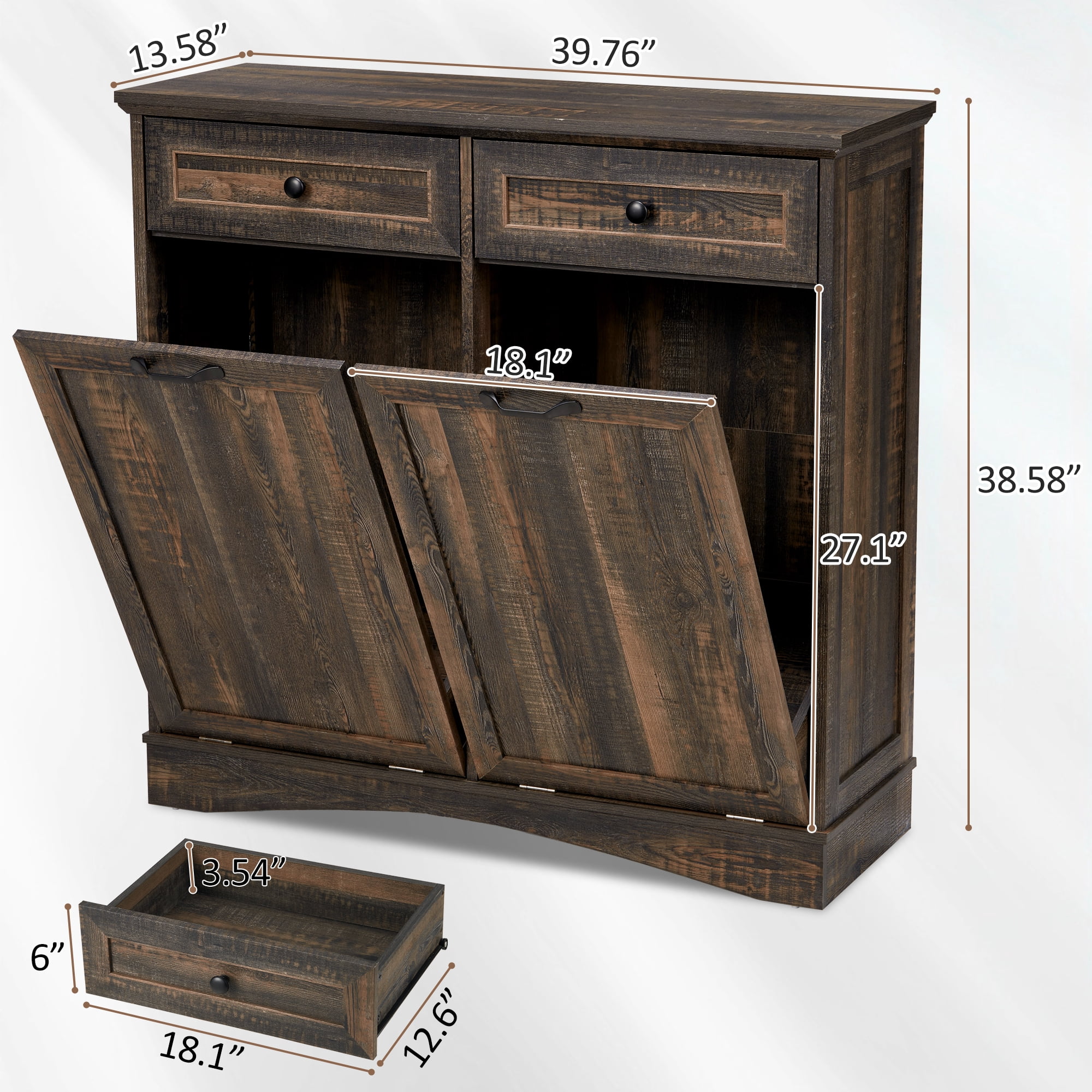 HARIPUL Double Tilt Out Trash Cabinet, 26 Gallon Trash Can Cabinet with Drawers & Handles for Kitchen, Dark Brown