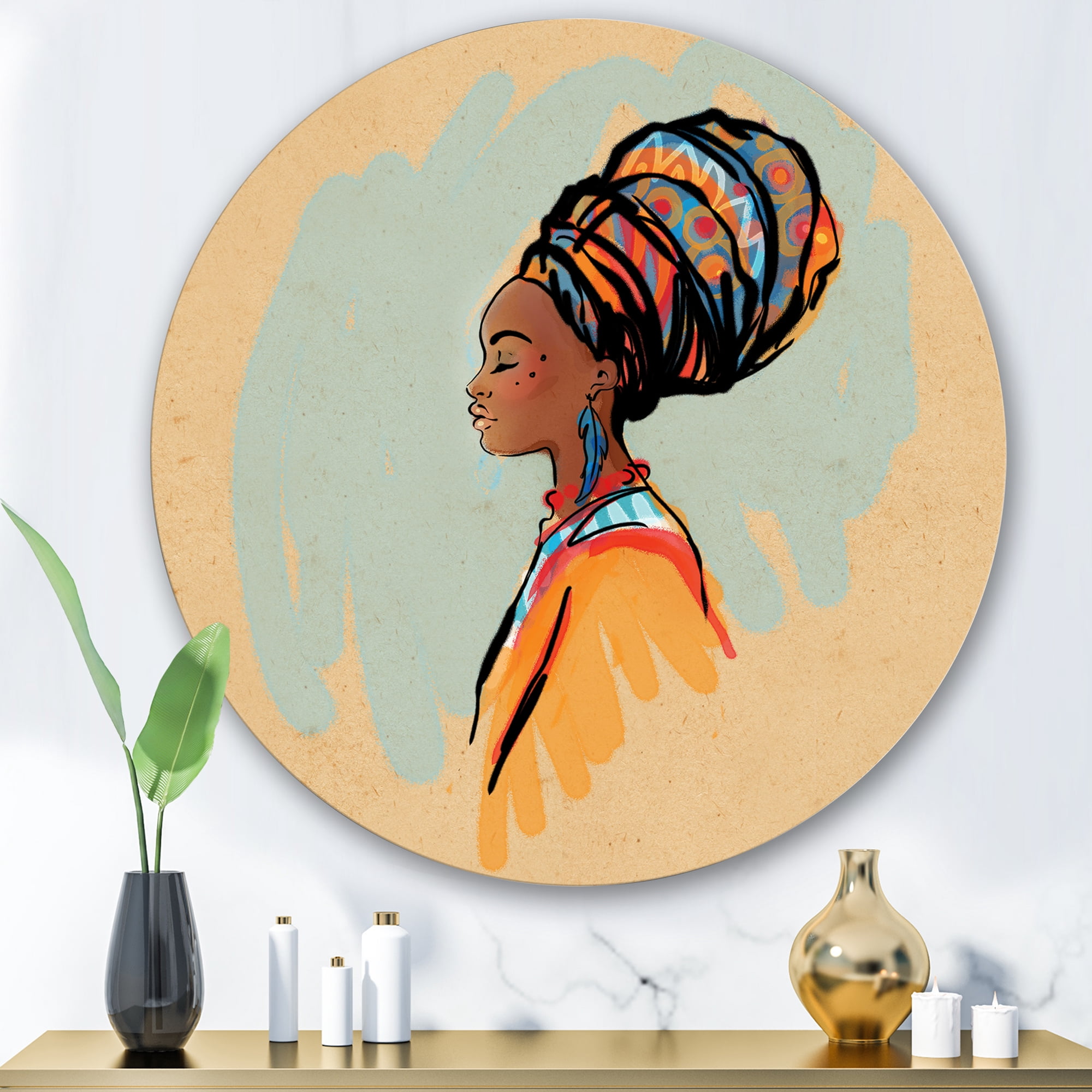 Designart 'Portrait of African American Woman With Turban II' Modern Circle Metal Wall Art 36x36 - Disc of 36