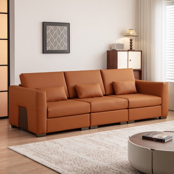 108.7"W Orange Luxury Leather Sleeper Couch, Mid-Century Modern 4-Seater Deep Seat Sectional Sofa with Metal Legs and Pillows, Vintage Wide Square Upholstered Sofa Bed for Living Room and Bed Room