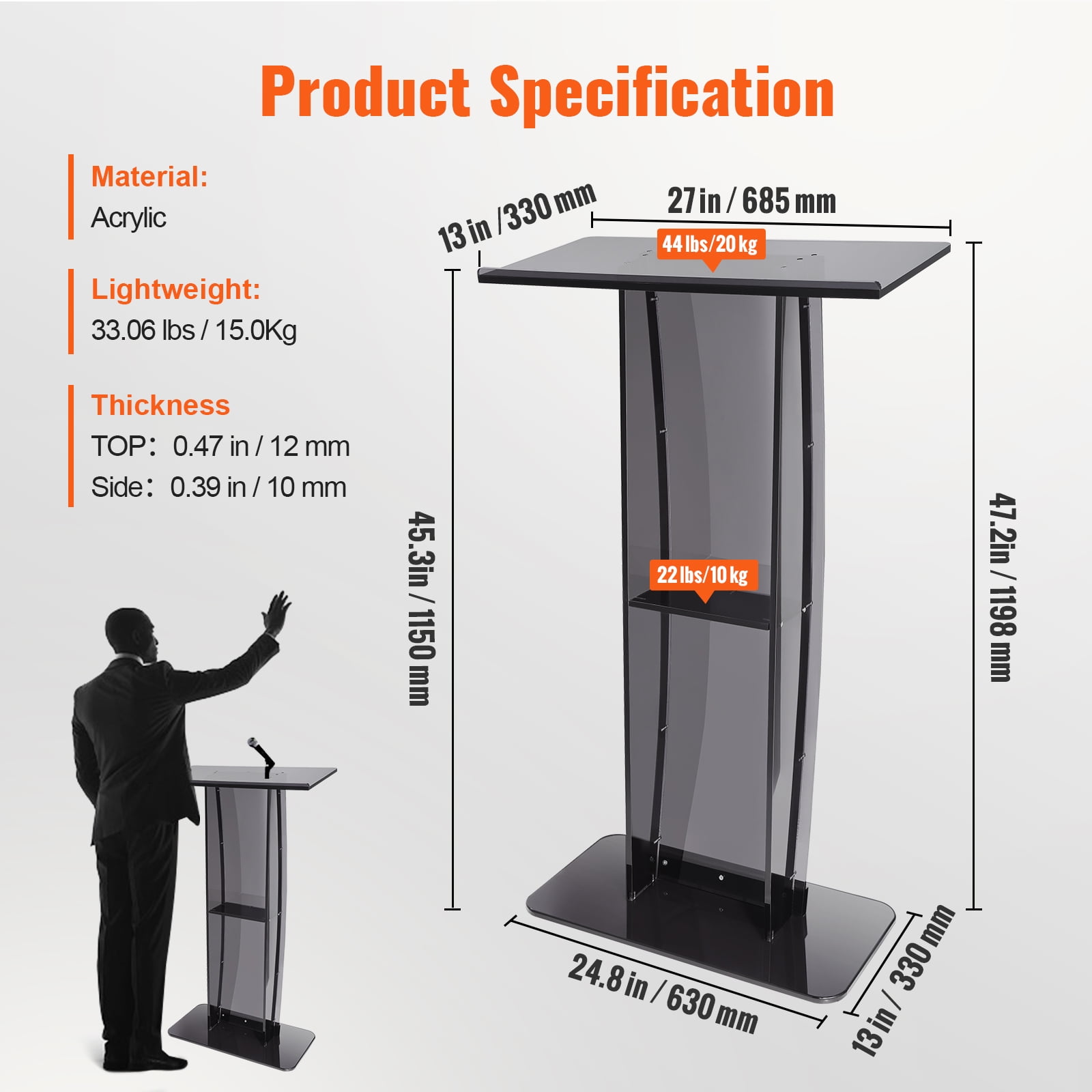 KFFKFF Acrylic Lectern 47 Inch Acrylic Lectern Stand Reading Surface Storage Rack Black