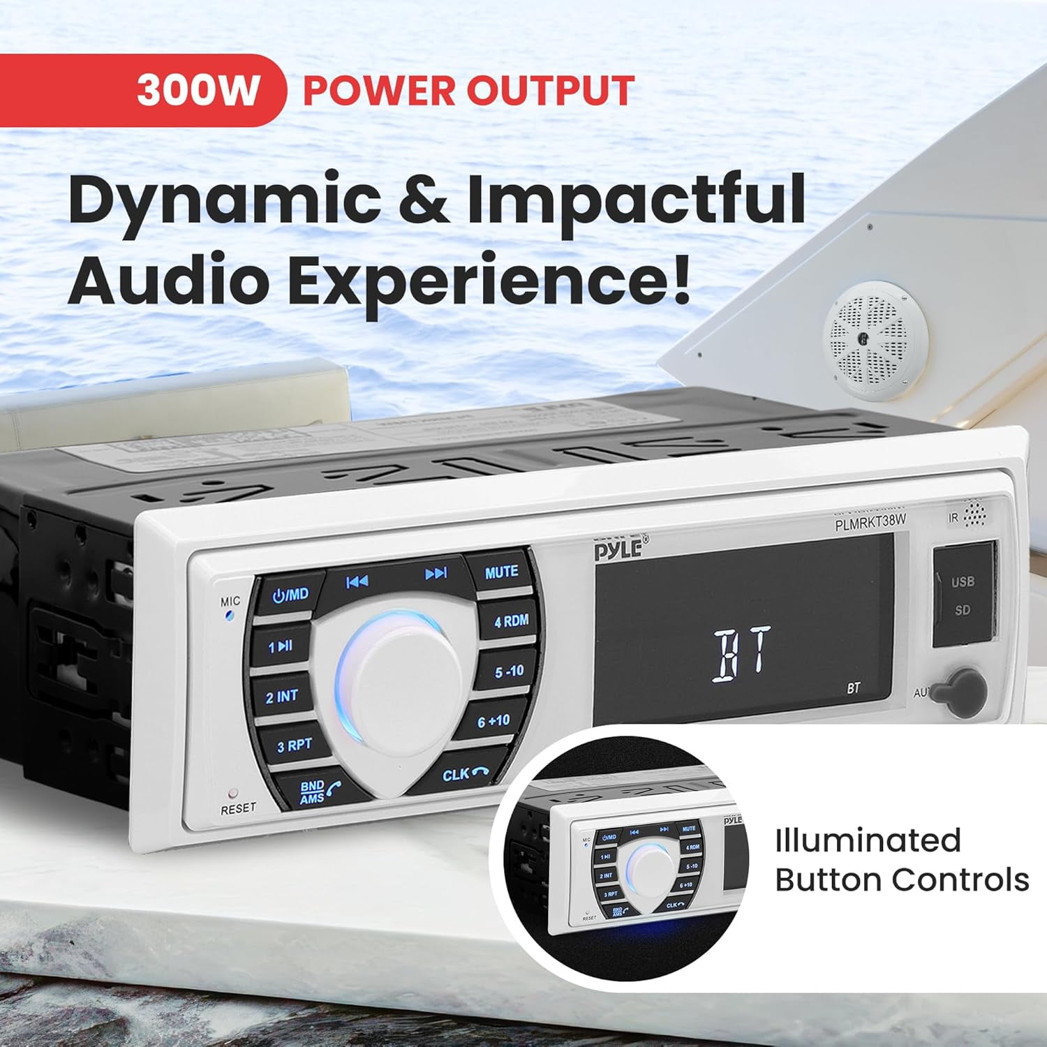 Pyle 300W Bluetooth Marine Stereo Receiver & Speaker System Kit, 4x 6.5” Waterproof Speakers (White)
