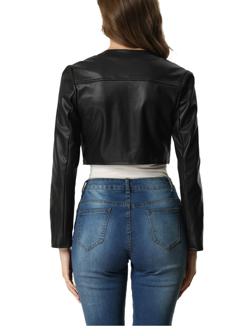 INSPIRE CHIC PU Leather Crop Jackets for Women's Open Front Long