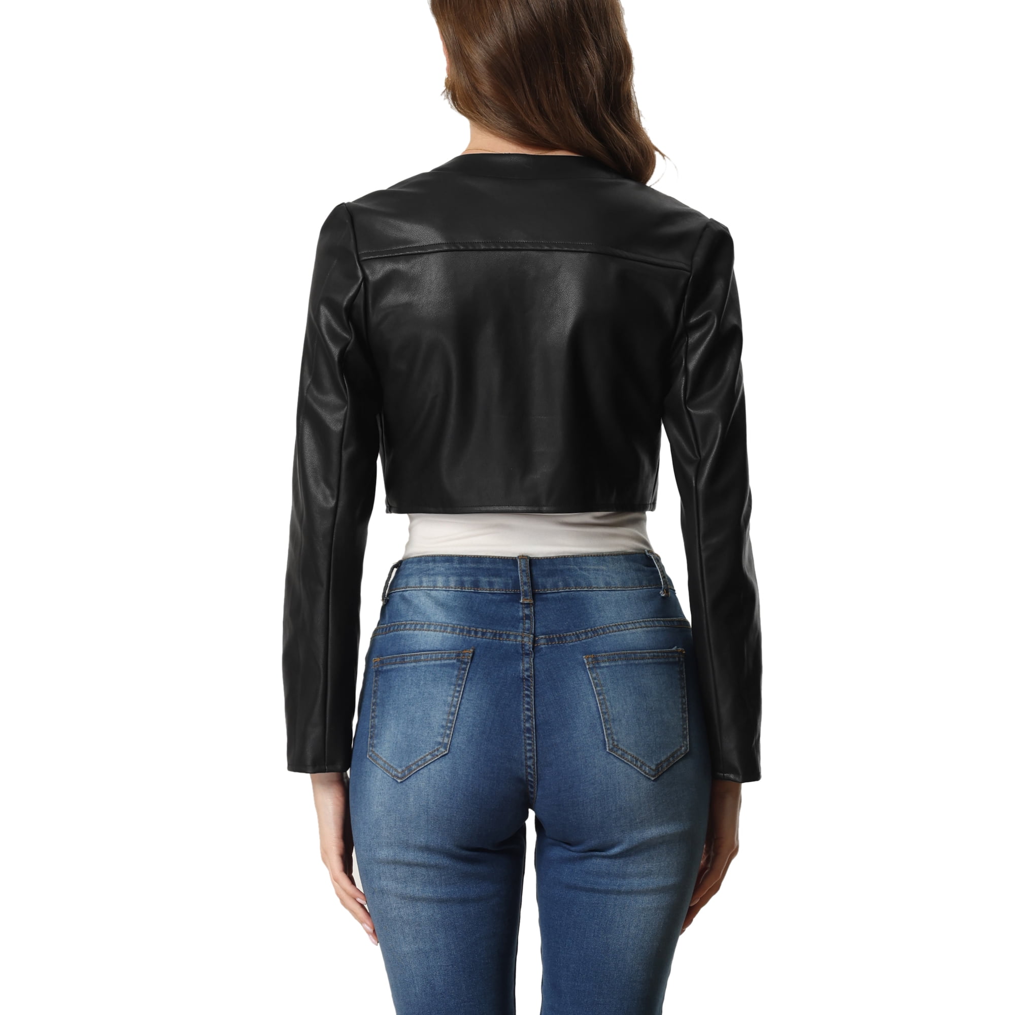 Unique Bargains PU Bolero Shrug for Women s Open Front Leather Cropped Jacket Long Sleeve Cardigan Black XL Walmart