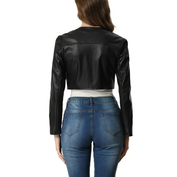 INSPIRE CHIC PU Leather Crop Jackets for Women's Open Front Long