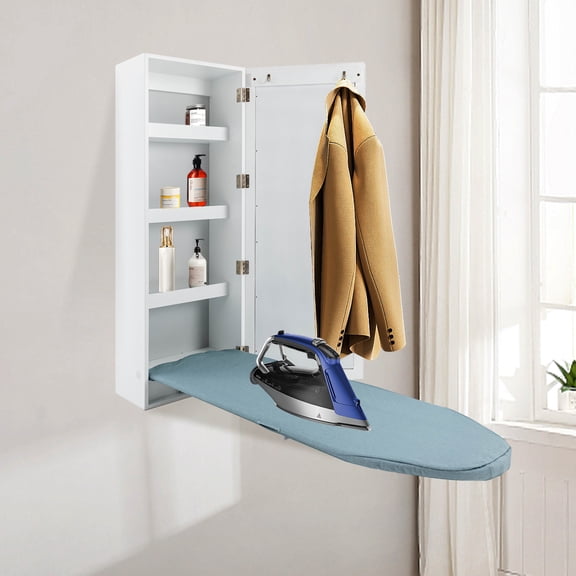 1 PCS Ironing Board Cabinet Wall Mounted Storage Cabinet Foldable with Mirror,White