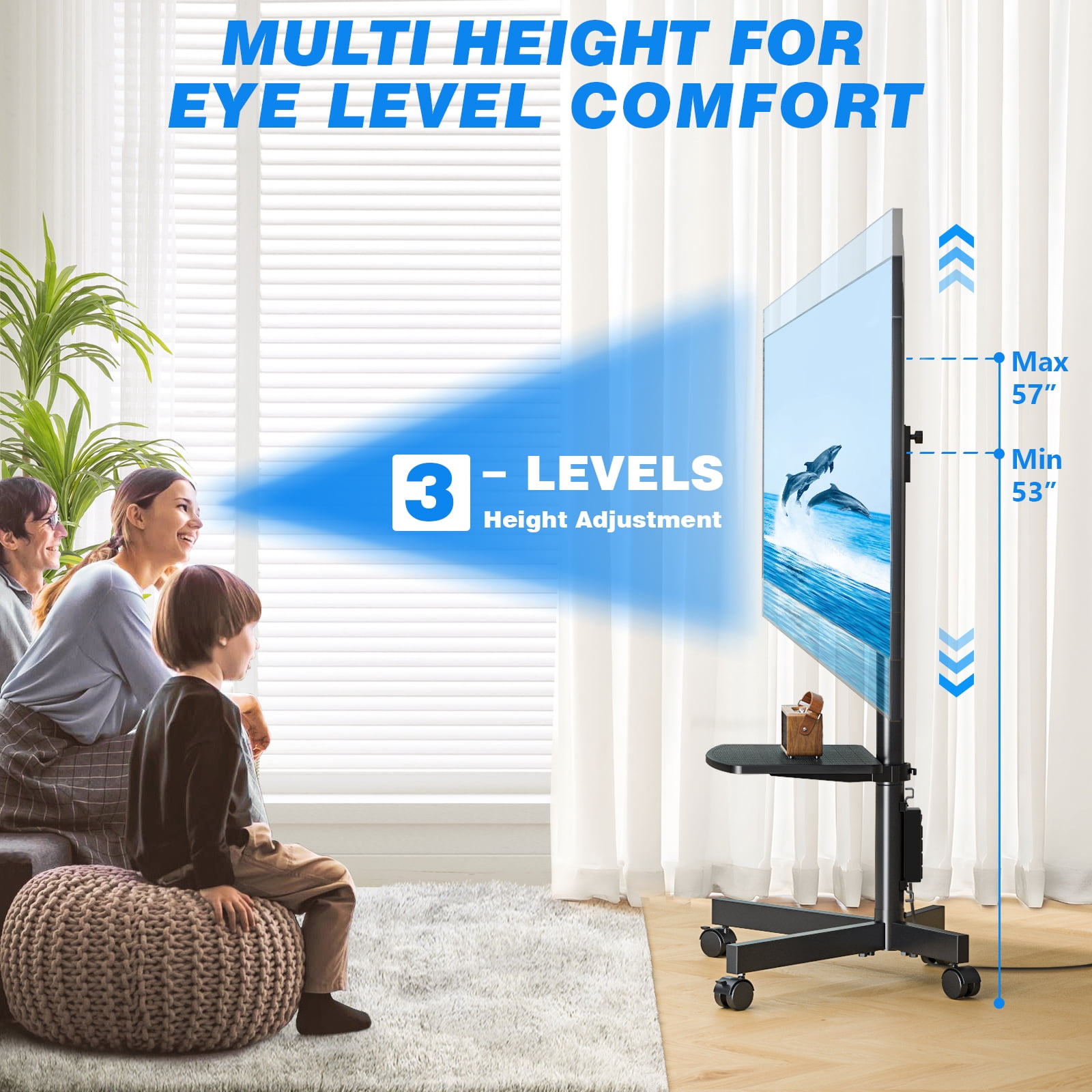 RTVR Rolling TV Cart Stand for 32 to 65 inch Flat Panel Screens with Power Outlet, Mobile TV Stand Modern Black