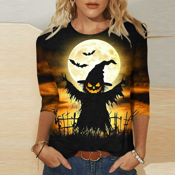 VKOYWKM Women's Tops Halloween Shirts 3/4 Sleeve Halloween Witch Graphic T Shirts Casual Round Neck Loose Fit Party Top Spooky Print Tees