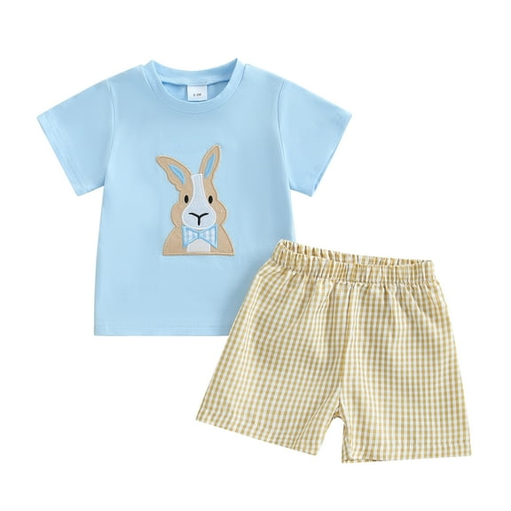 Okbabeha Baby Boy Easter 2 PCS Outfit Sweatsuit Bunny/Cross T-shirt Plaid Shorts Toddler Festive Clothing