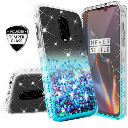 Compatible for OnePlus 6T Case, with [Tempered Glass Screen Protector] SOGA Diamond Liquid Quicksand Cover Cute Girl Women Phone Case for OnePlus 6T - Clear on