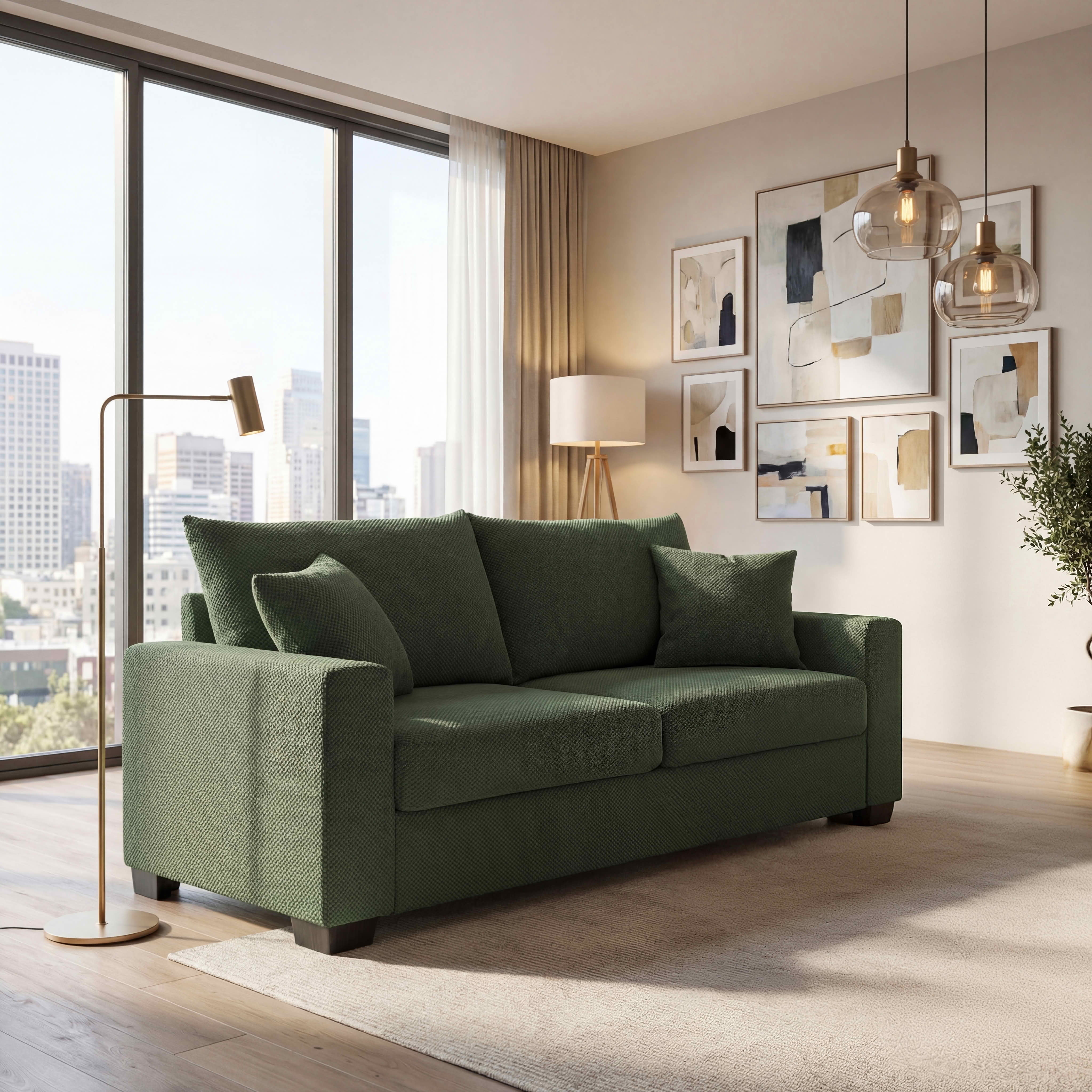 MAYEERTY 69 Inch 2‑Seater Upholstered Sofa, Textured Fabric Couch with 2 Throw Pillows and Plastic Legs for Apartment, Living Room, Home Office