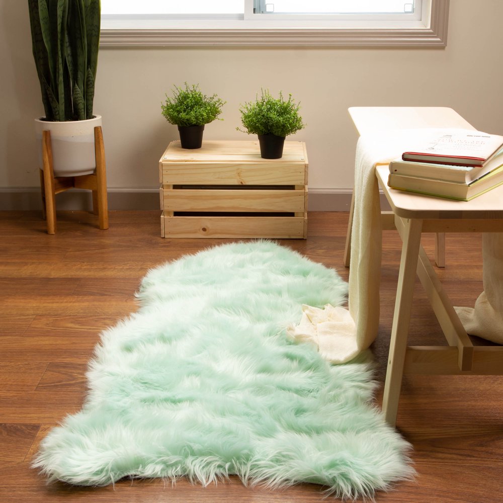 Ultra Soft Faux Sheepskin Fur Shag Rug Mint Green 2' x 4' Sheepskin