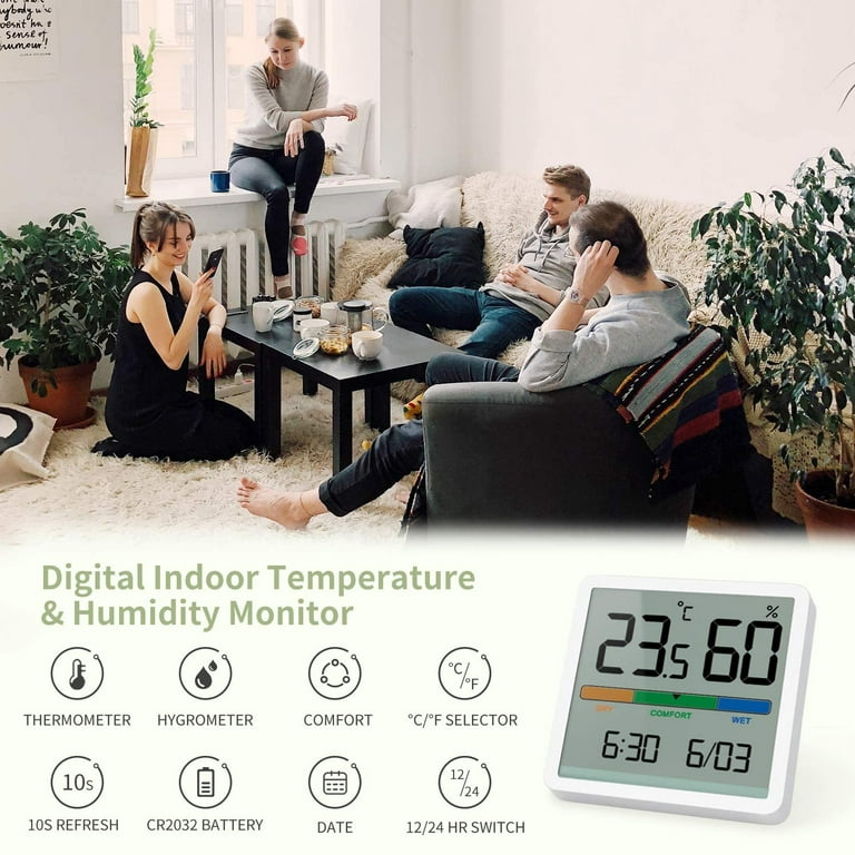 Hygrometer Indoor Thermometer, Desktop Digital Thermometer with Temperature  and Humidity Monitor, Accurate Humidity Gauge Room Thermometer with Clock  for Home Garage Greenhouse Wine Cellar 