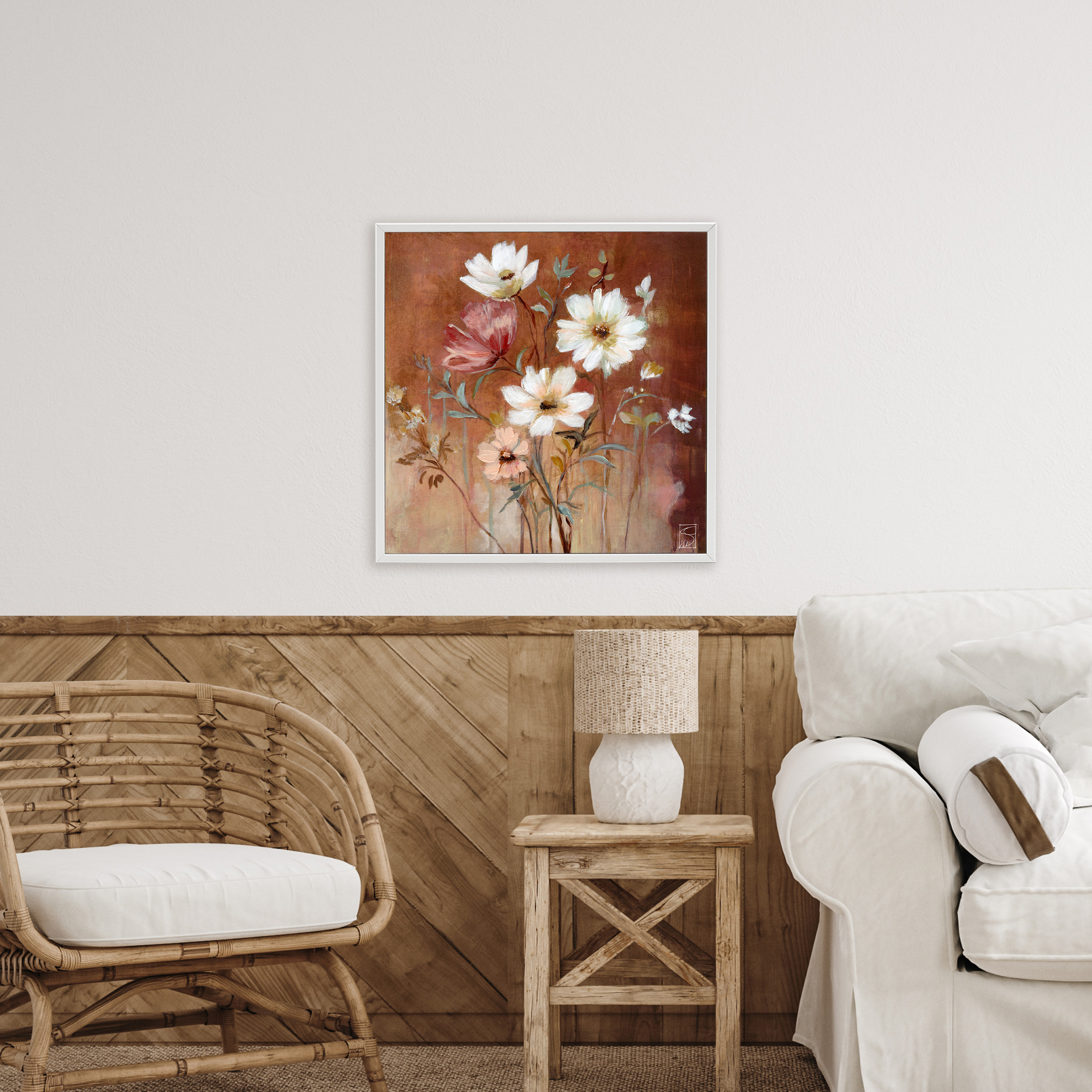 Mocha Flowers Collection White Framed Giclee Art, design by Sara Culpepper