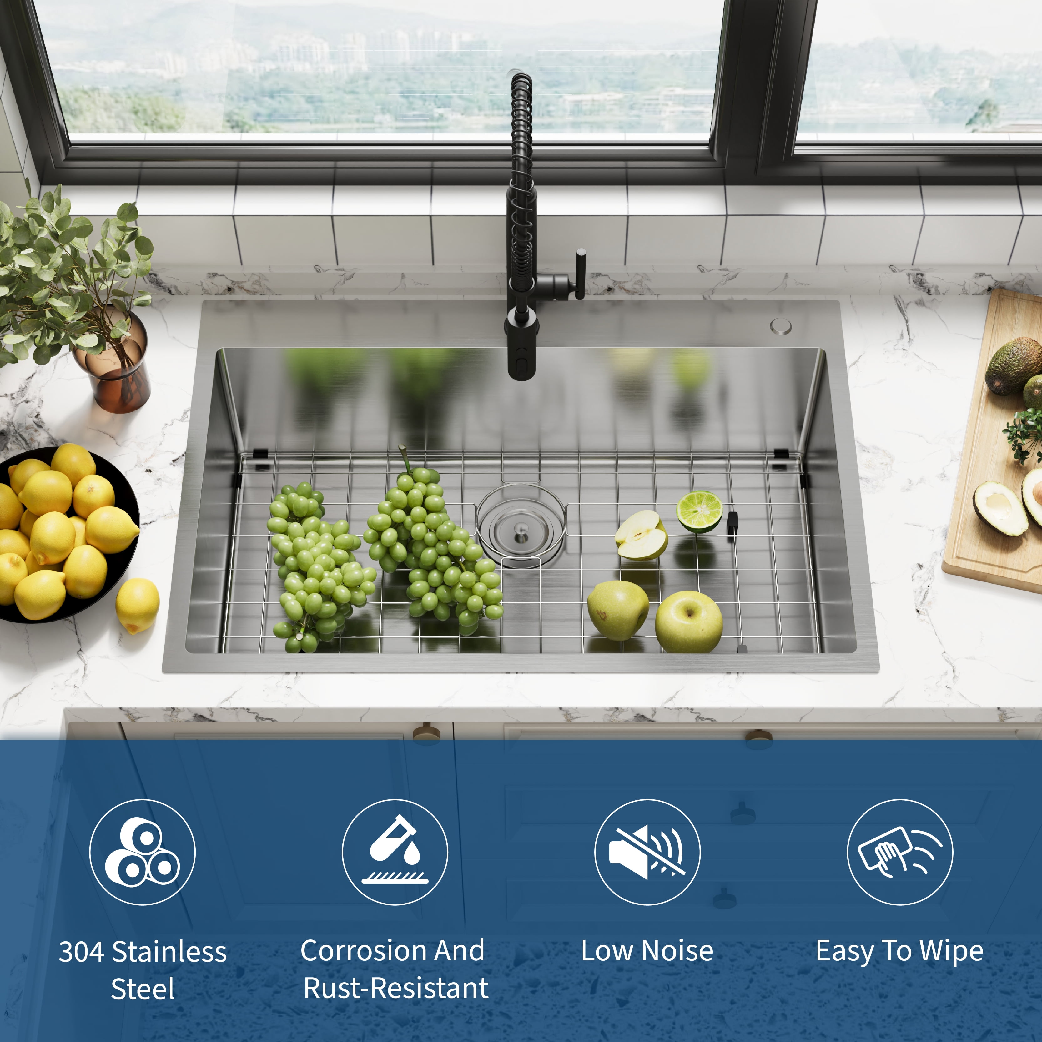 DSstyles Deluxe Double Bowl Undermount Kitchen Basin 22x18x9 Inch – 304 Brushed Stainless Steel, Deep Basin, Bottom Grids, Drainboard, Noise Reduction, Commercial Grade, Easy Clean