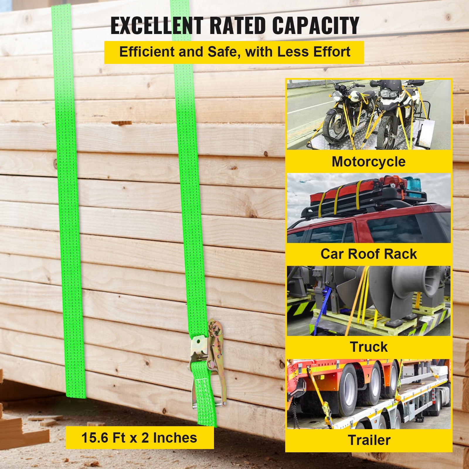 VEVOR Ratchet Tie Down Strap, 15.6ft x 2in Polyester Ratchet Strap 4000 lbs Working Load, 12 PCs Heavy Duty Car Strap w/ Double Hooks, Car Tie Down Strap with Chain Anchors, Security Fastening, Green