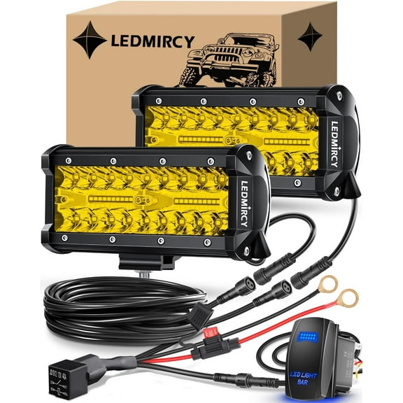 7 Inch LED Light Bar Kit with Rocker Switch Wiring Harness 2PCS Yellow LED Pod Lights Triple Rows Spot Flood Combo Beam 2 Lead Waterproof Off Road Lights for Truck Boat ATV SUV UTV