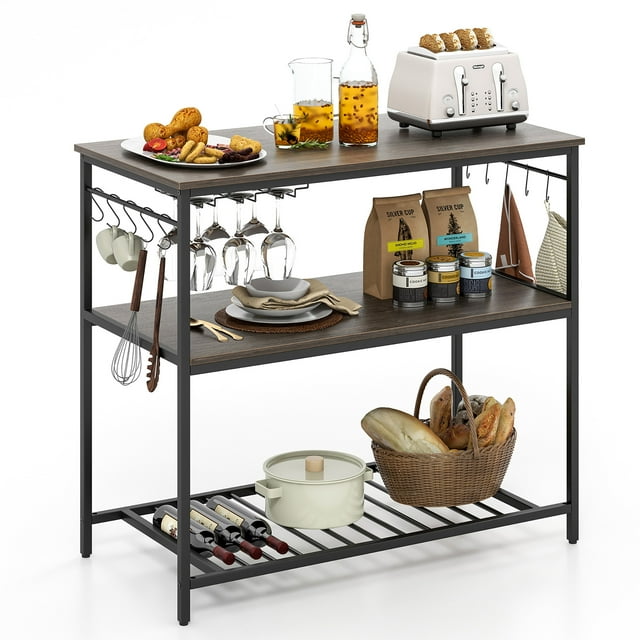 Gymax 3-Tier Kitchen Island Kitchen Shelf Wine Coffee Bar Prep Table w/Bottom Wine