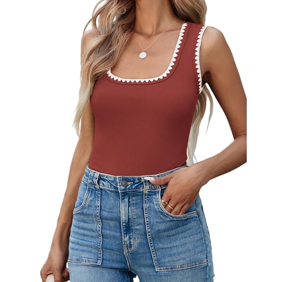 Women'S Square Neck Tank Tops Summer Sleeveless Shirts Casual Slim Fitted Color Block Ribbed Tanks Light Brown XL