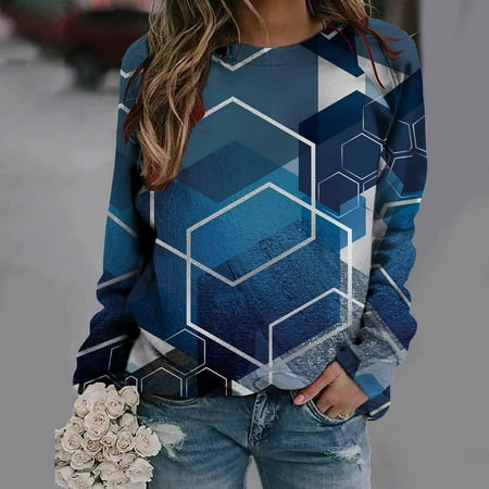 

YFPWM Summer Tops for Women 2022 Strapless Tops Maternity Tank Top Fringe Tops Cake Top Long Sleeve Shirts Geometric Rhombus Print Round Neck Sweatshirt