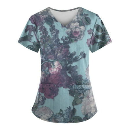 

BEBUTTON Womens Scrubs Plus Size V Neck Short Sleeve Tops Loose Printed Work Uniform Shirts with Pocket Mint Green XL