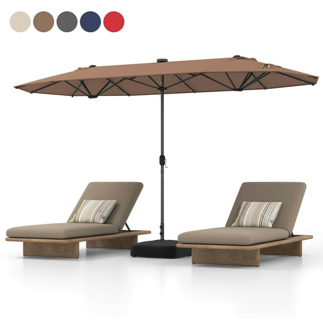 Patiojoy 13 FT Patio Umbrella Double-Sided Market Umbrella with 36 Solar-Powered LED Lights Cross Base Included Tan