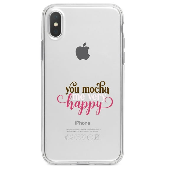 DistinctInk Clear Shockproof Hybrid Case for iPhone XS Max (6.5" Screen) - TPU Bumper Acrylic Back Tempered Glass Screen Protector - You Mocha Me Very Happy