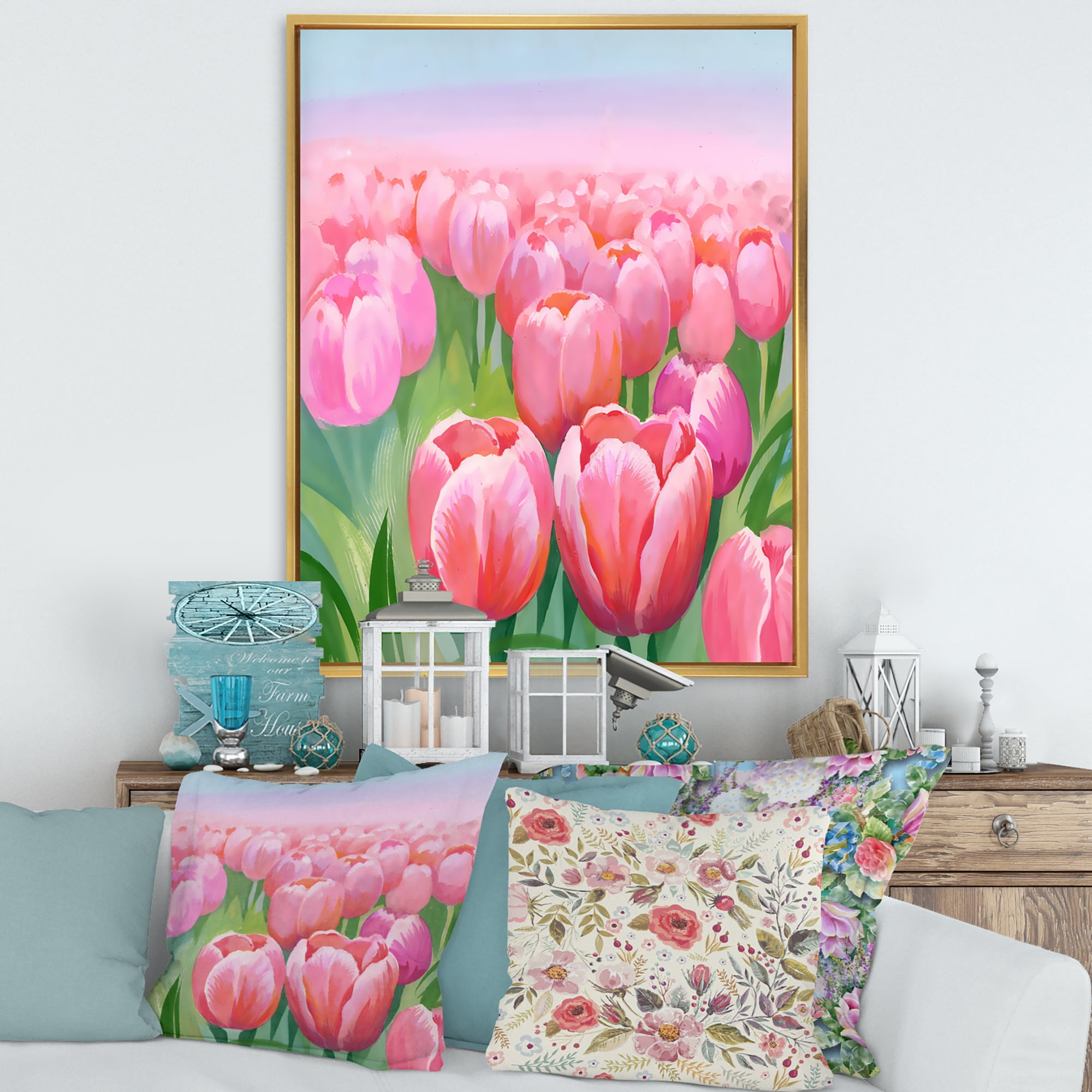 Designart 'Pink Tulips in Field' Traditional Framed Canvas Wall Art Print