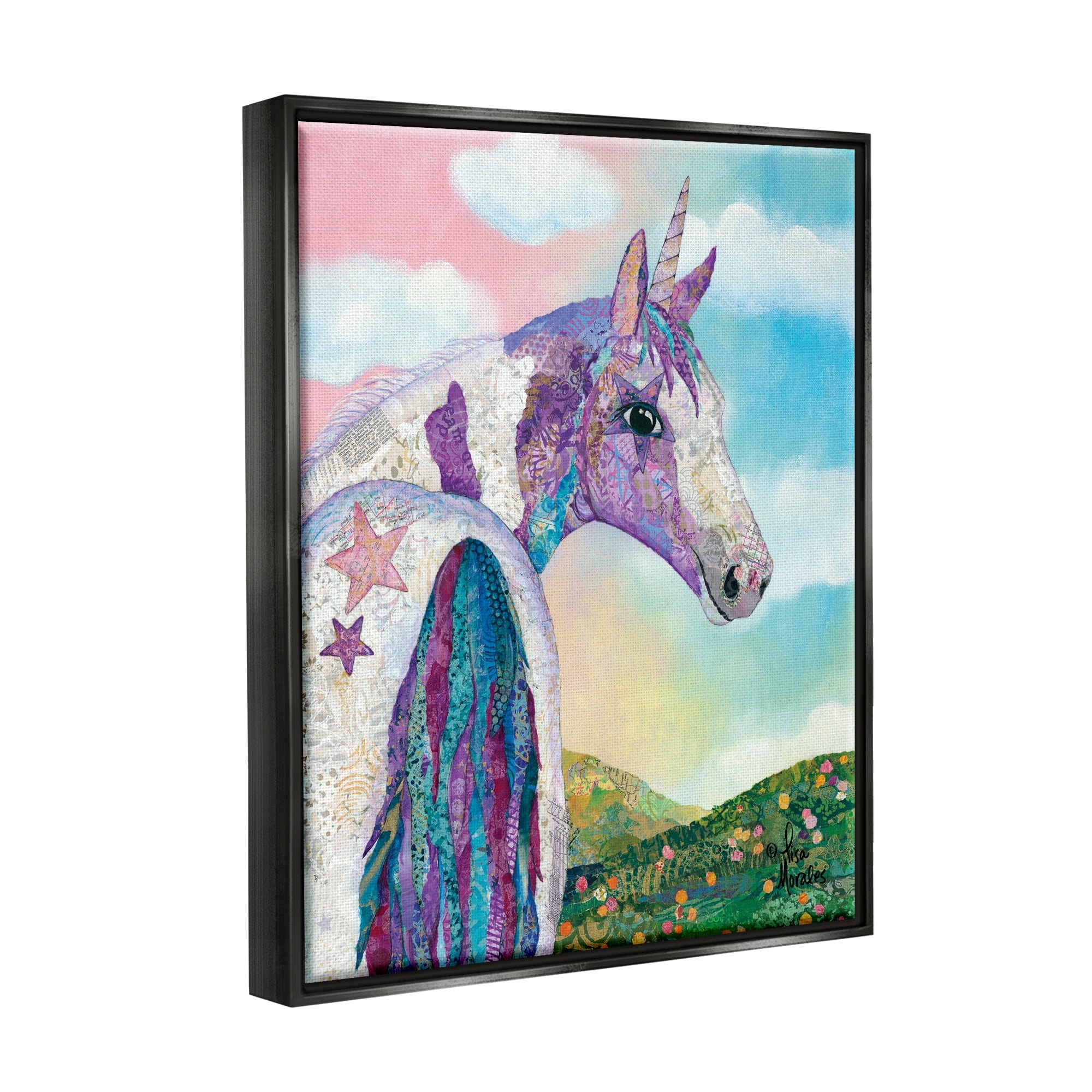 Stupell Industries Starry Eyed Unicorn Floral Fantasy Meadow Collage Painting Jet Black Floating Framed Canvas Print Wall Art, Design by Lisa Morales