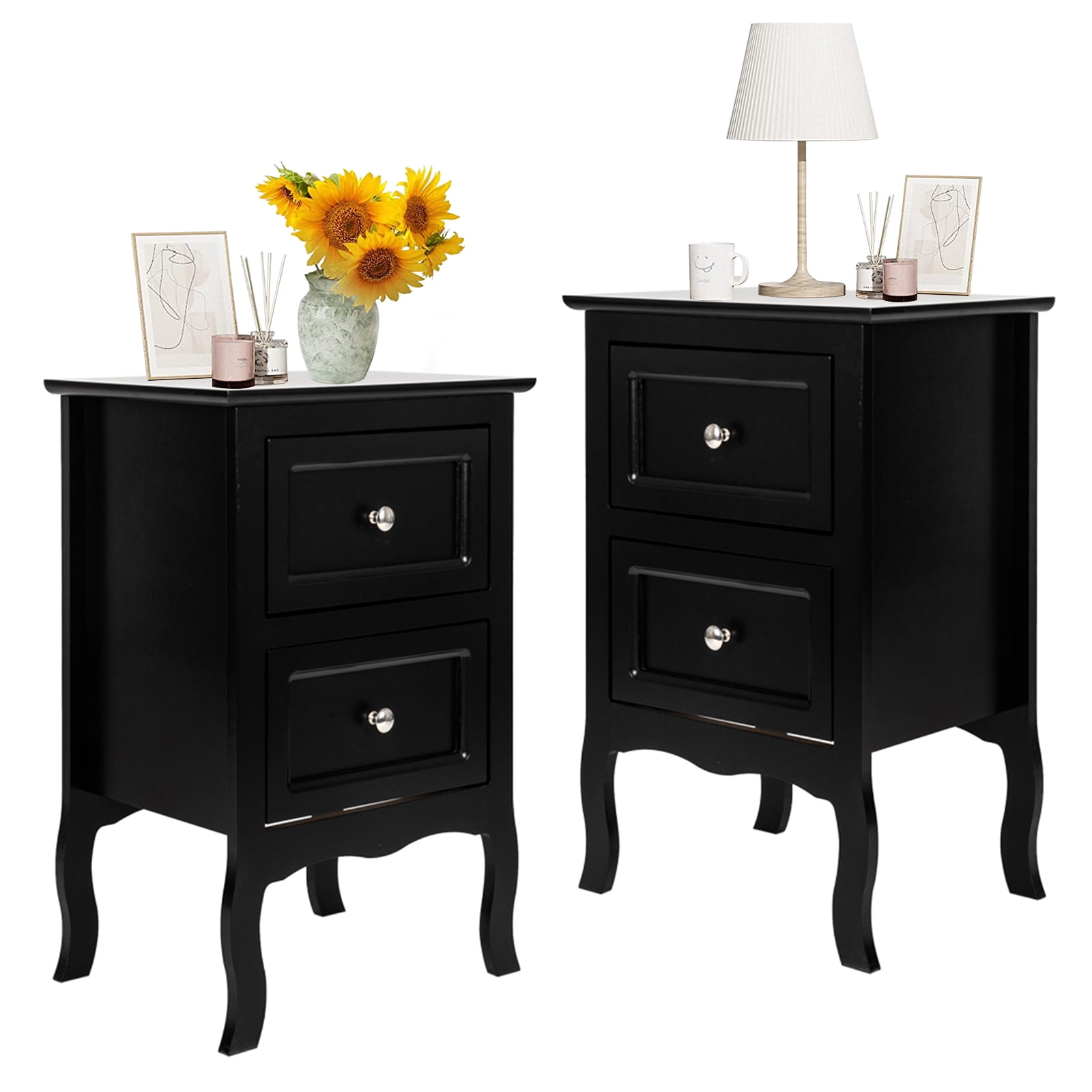 SESSLIFE Set of 2 Nightstand 2 Drawers End Table Storage Wood Cabinet ...