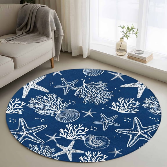 Round Area Rug 4 Ft, Navy Blue Coastal Washable Non-Slip Circle Carpet for Living Room/Bedroom, Nautical Beach Starfish Coral Summer Low-Profile Crawling Mats Collection Rugs for Indoor