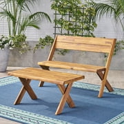 Outdoor Acacia Wood Loveseat and Coffee Table Set, Sandblast Teak